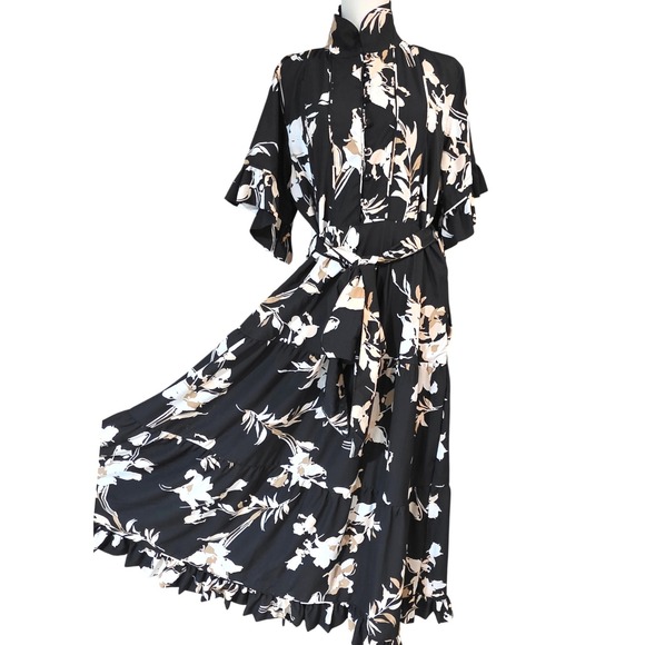 Sue Sartor by antrhopologie Floral Maxi Dress Mandarin Collar Belted Large - Picture 3 of 16